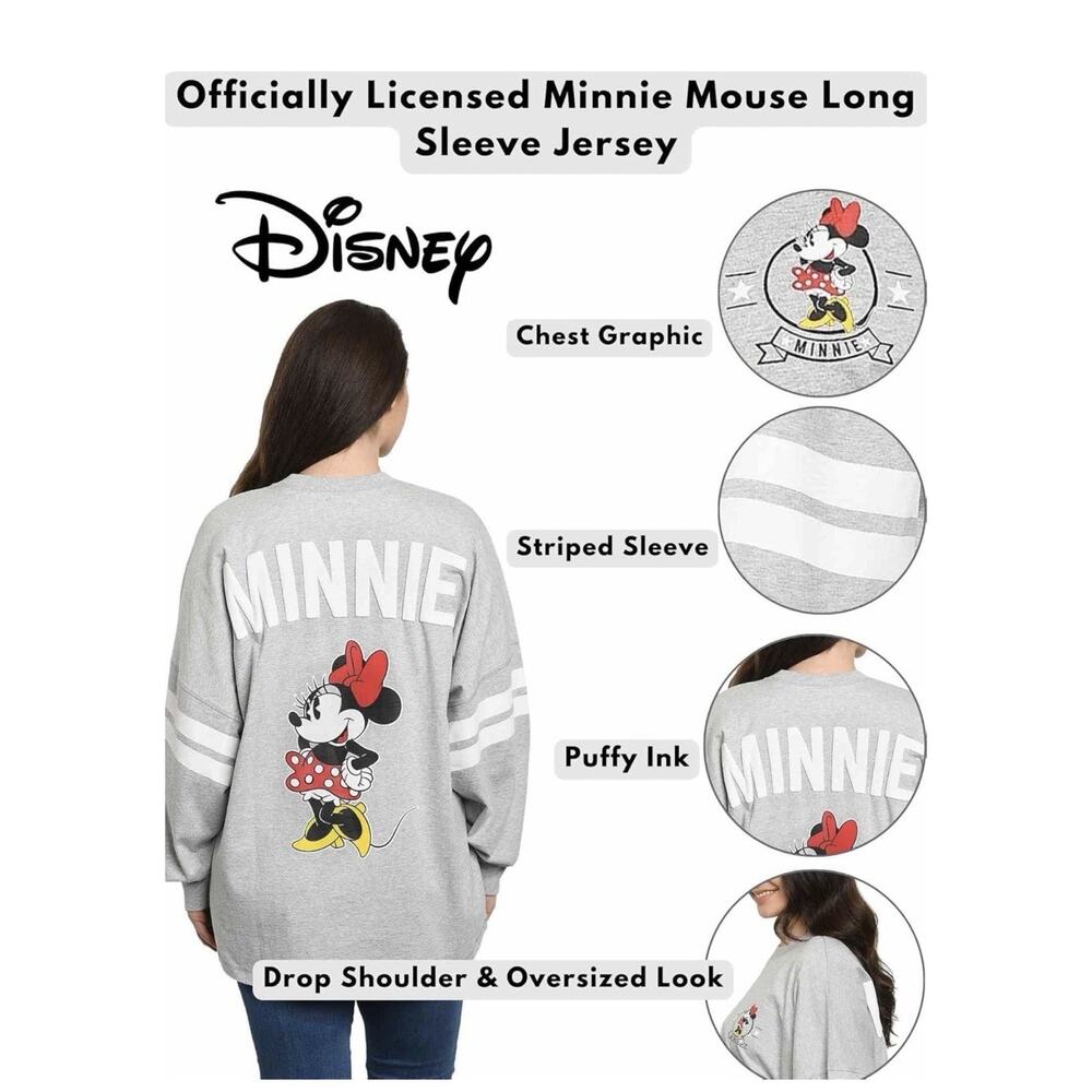 Disney Minnie Mouse Womens Long Sleeve Jersey Oversized Crewneck Shirt XXL Gray